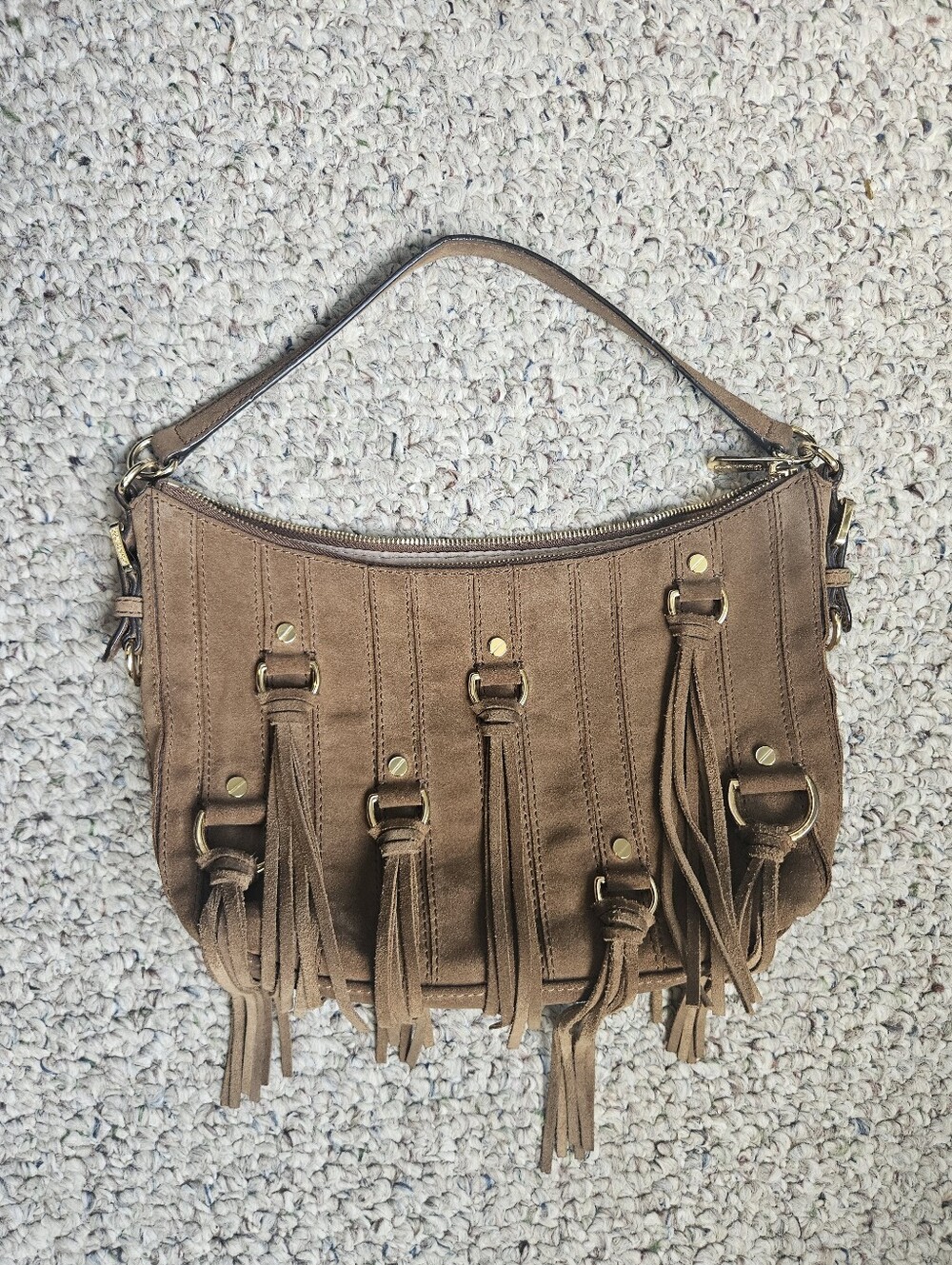 Michael Kors Presley Suede Fringe Hobo Bag Boho Tassel Shoulder Purse Tan Brown